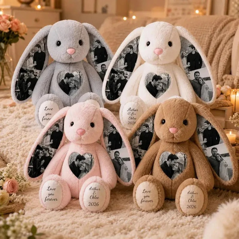 Personalized photo bunnies in gray, white, pink and brown with names and a year on their feet