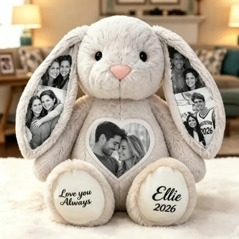 Gray photo bunny with couple photos and names on its feet