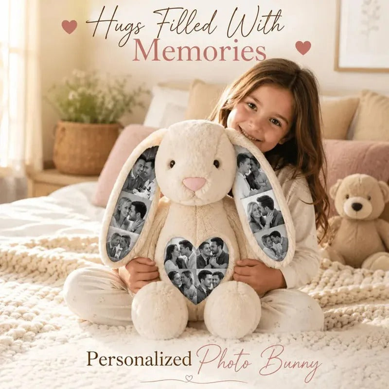 A girl hugging her photo bunny