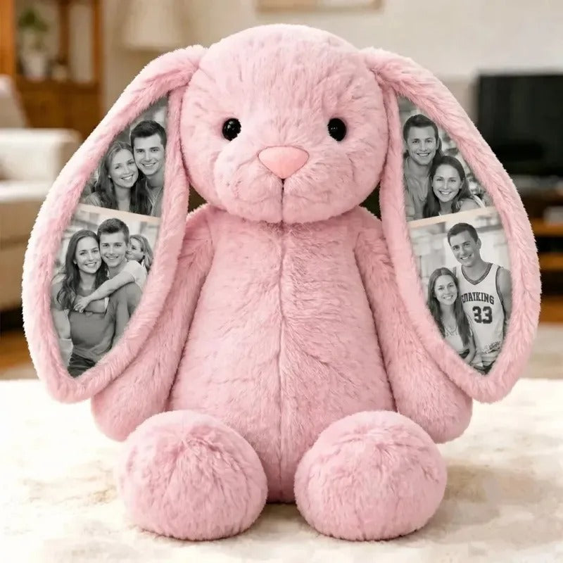 Pink photo bunny with photos inside its ears