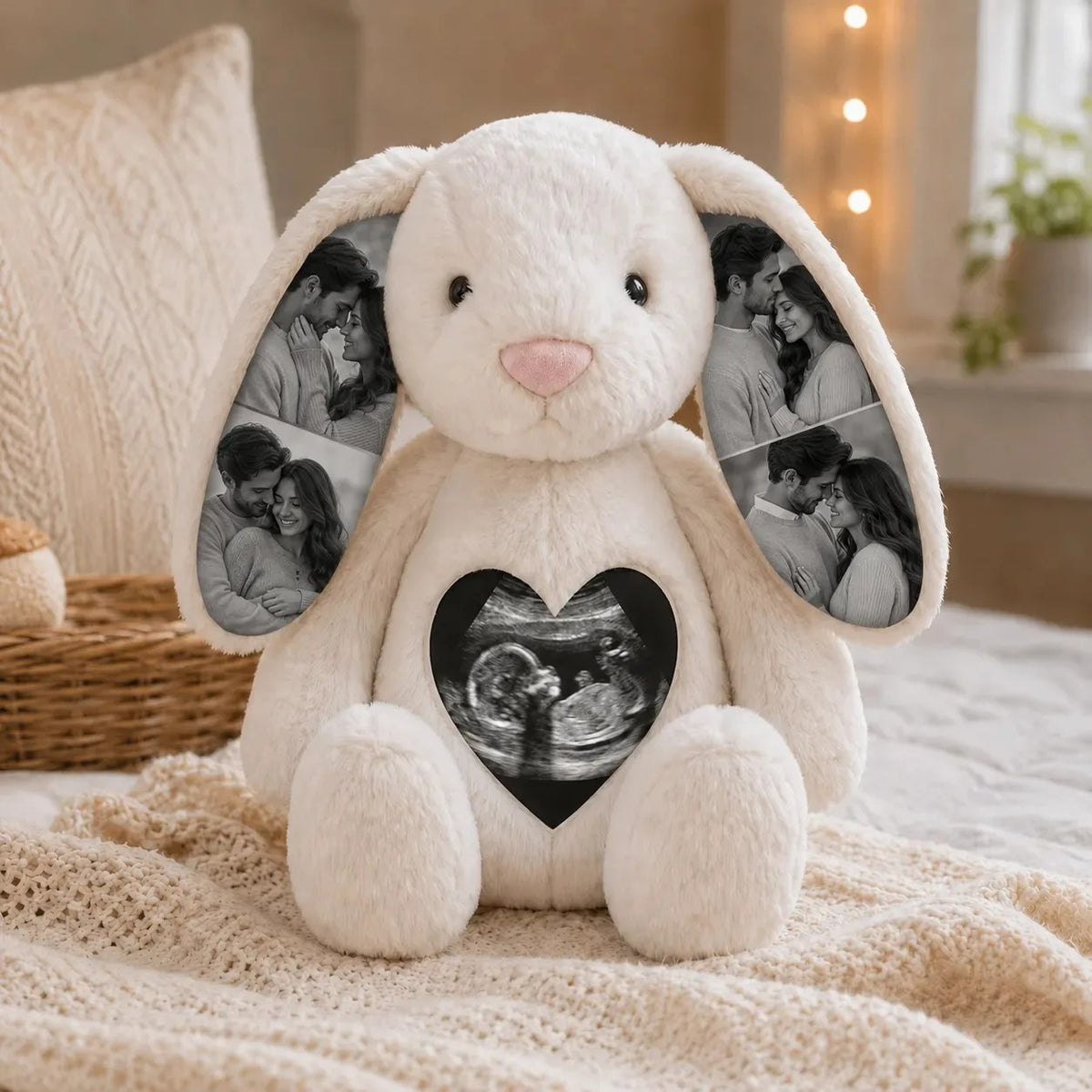 White photo bunny with couple photos in its ears and an ultrasound scan in a heart on its chest